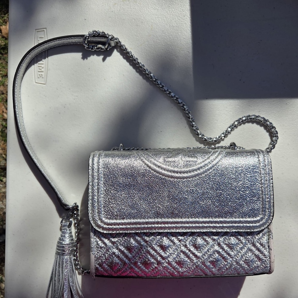 Tory Burch Silver Crossbody Bag with Chain Strap